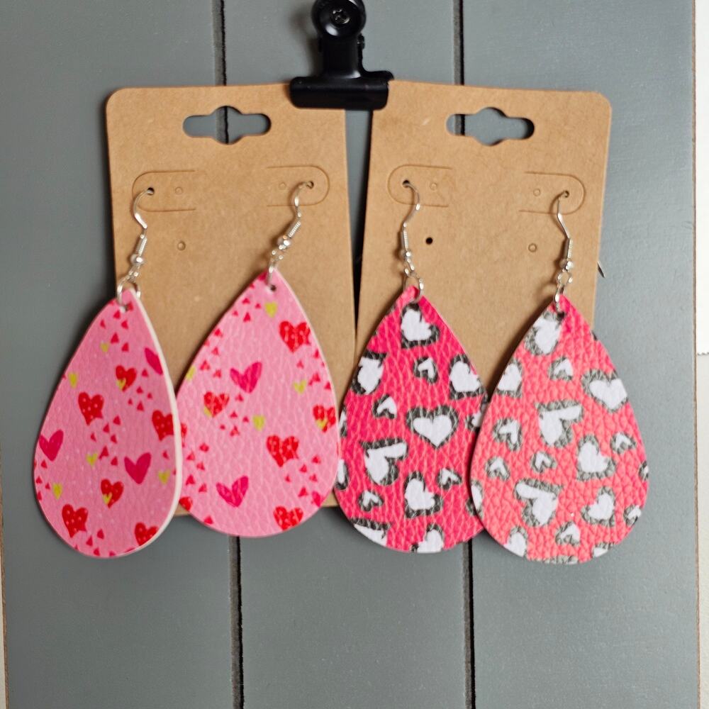 Valentine Heart Print Faux Leather Earrings Set Teardrop Pink Red Lightweight